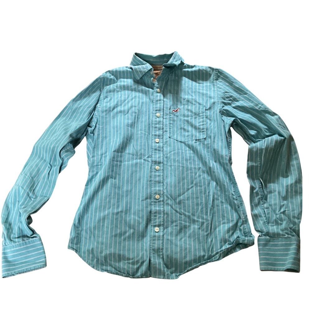 Hollister Mens Long Sleeve Button Down‎ Shirt Turquoise White Striped Size M